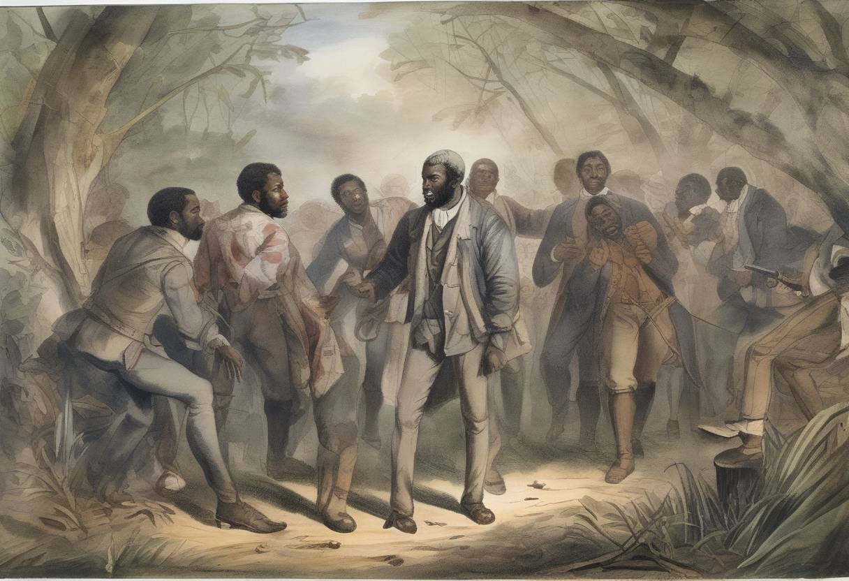 Watercolor painting based depiction of In Southampton County, Virginia, Nat Turner, leader of a slave rebellion, is captured and arrested. (1831)