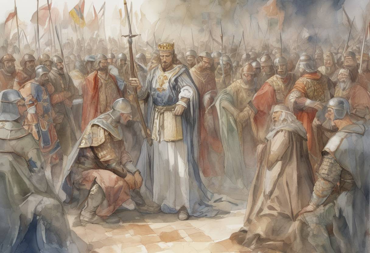 Watercolor painting based depiction of Pepin of Herstal, the Frankish mayor of the palace of Austrasia, dies. His death leads to a power struggle in the Frankish kingdom. (714)