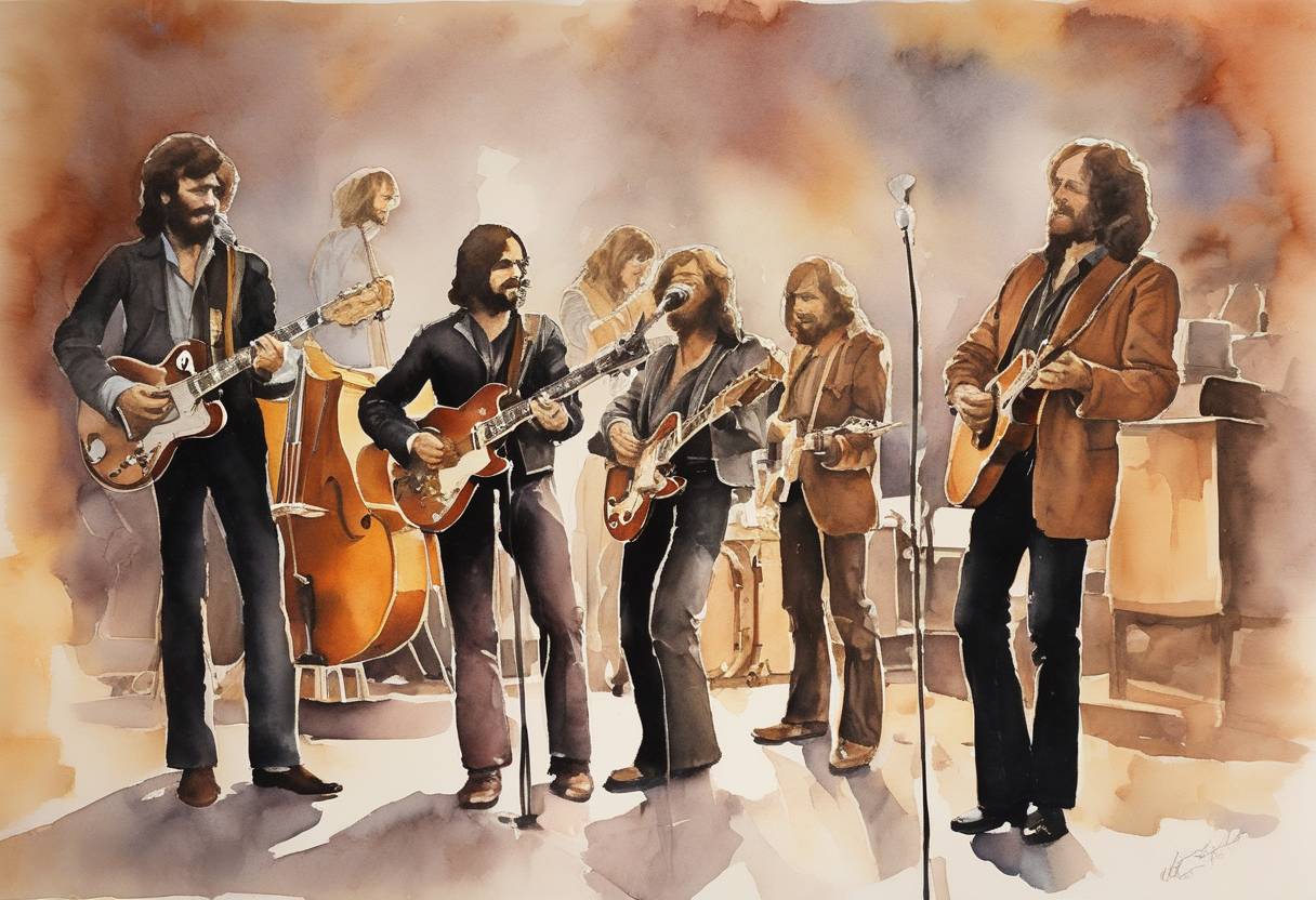 Watercolor painting based depiction of The Band holds its farewell concert, The Last Waltz, at Winterland Ballroom in San Francisco, California. (1976)