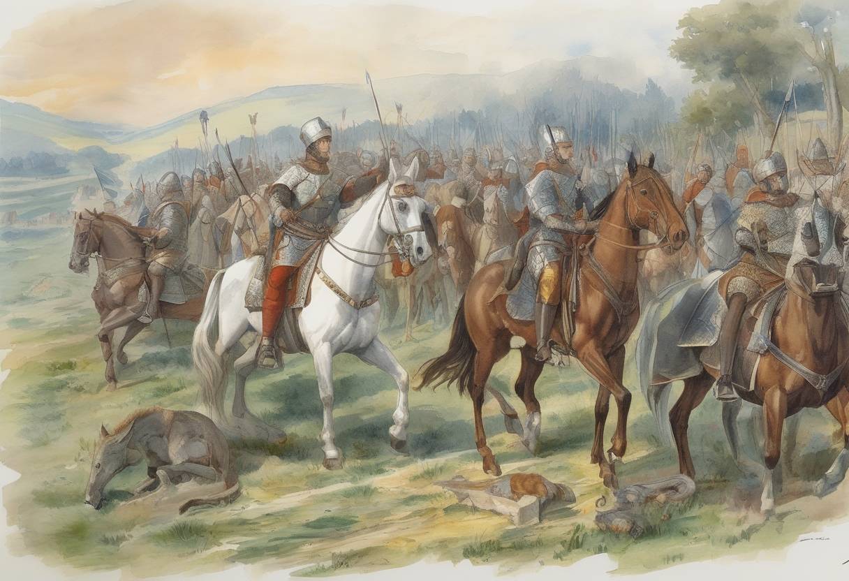 Watercolor painting based depiction of King Carloman II of West Francia died in a hunting accident, leading to the reunification of the Frankish Kingdom under Charles the Fat. (884)