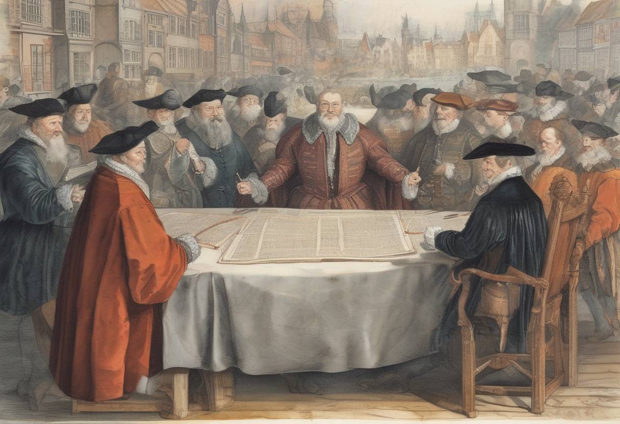 Watercolor painting based depiction of The Treaty of Utrecht is signed, marking the foundation of the Dutch Republic. (1579)