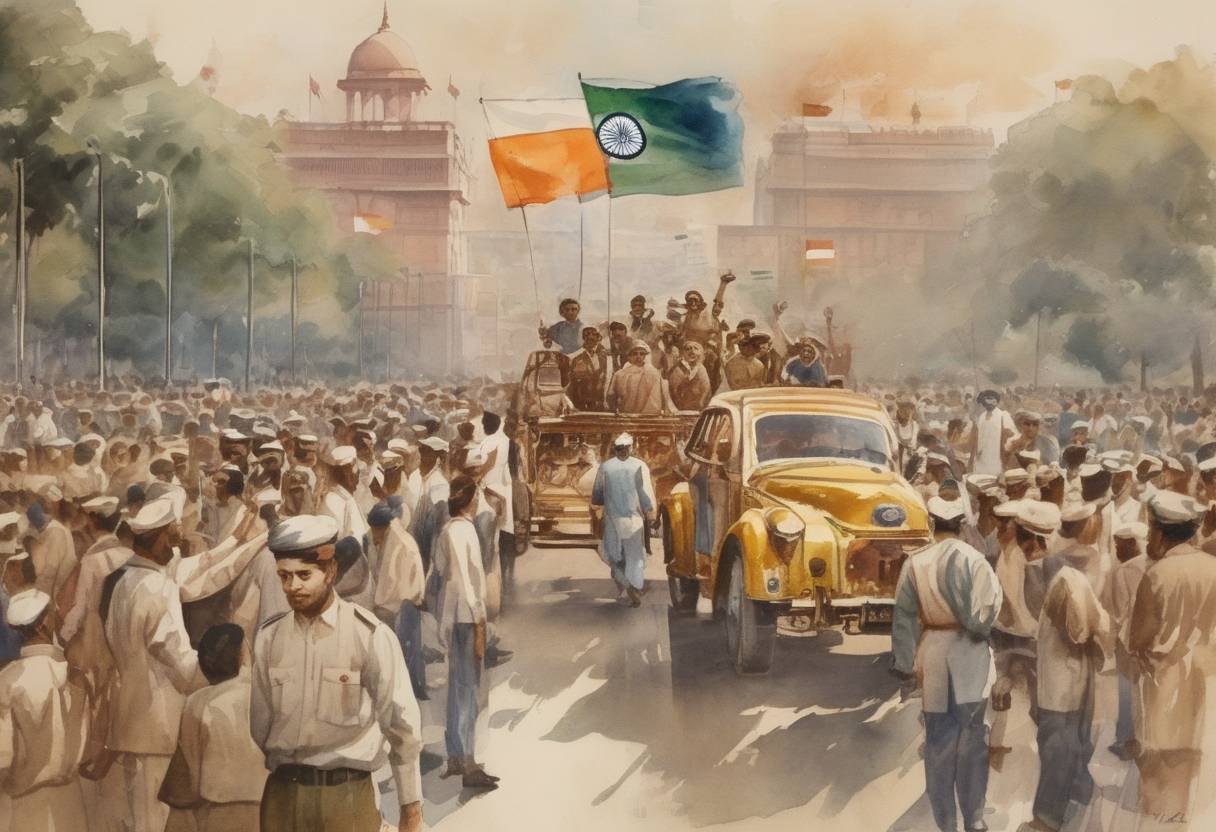 Watercolor painting based depiction of India officially became a republic, adopting its constitution and marking Republic Day. (1950)