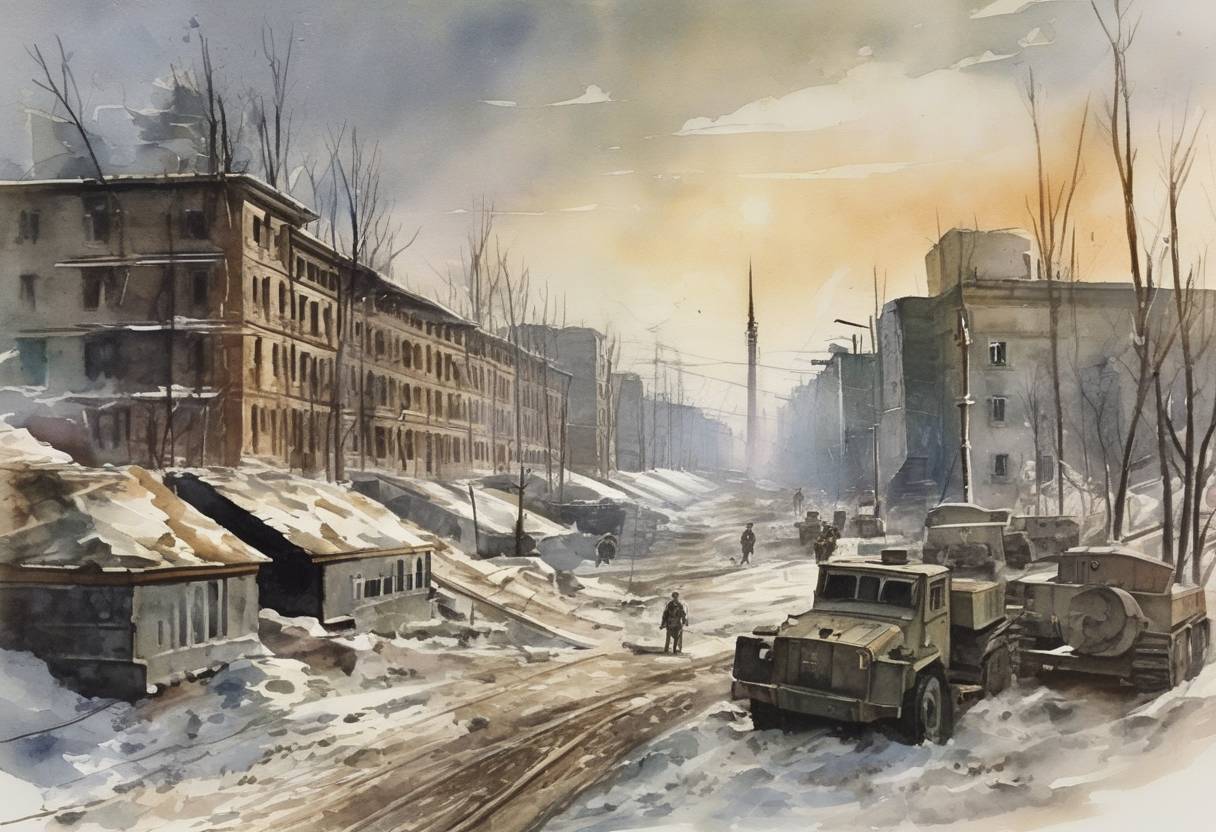 Watercolor painting based depiction of The Soviet Union launched Operation Uranus during World War II, a counteroffensive that encircled German forces in Stalingrad. (1942)