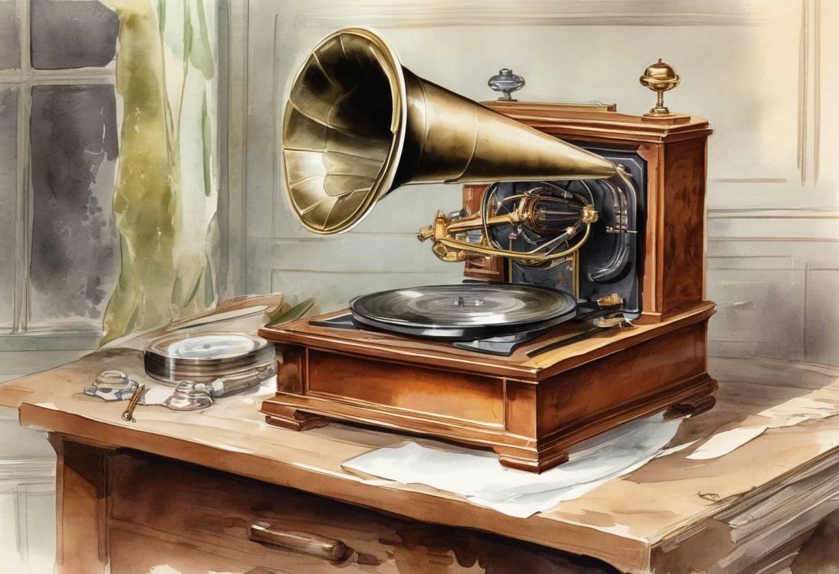Watercolor painting based depiction of Thomas Edison announced his invention of the phonograph, a device for recording and replaying sound. (1877)