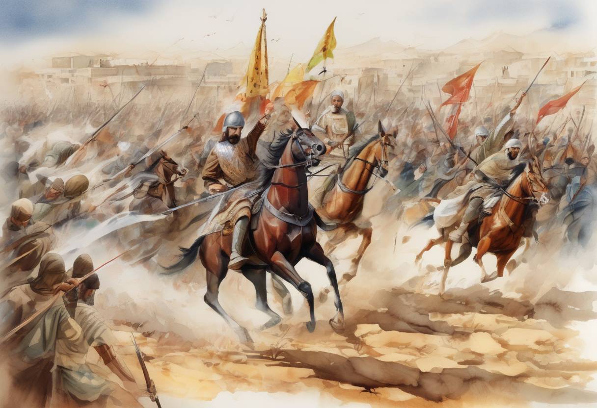 Watercolor painting based depiction of The Battle of Ajnadayn, a significant battle between the Rashidun Caliphate and the Byzantine Empire, takes place, resulting in a decisive Muslim victory. (634)