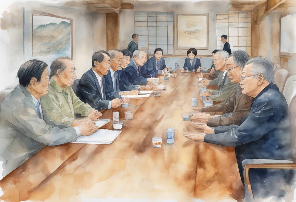 Watercolor painting based depiction of The leaders of the Group of Seven (G7) meet in Ise-Shima, Japan, to discuss global economic issues, terrorism, and the refugee crisis. (2016)