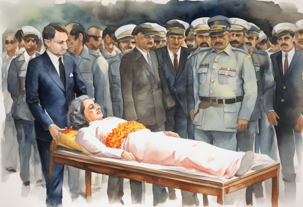 Watercolor painting based depiction of Indian Prime Minister Indira Gandhi is assassinated by her bodyguards in New Delhi. (1984)