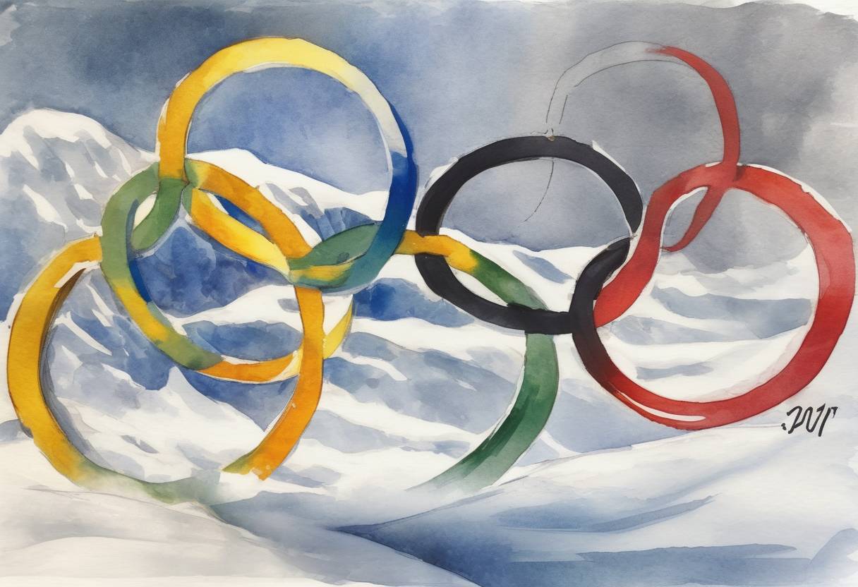 Watercolor painting based depiction of The International Olympic Committee bans Russia from the 2018 Winter Olympics in Pyeongchang due to state-sponsored doping, allowing only clean athletes to compete under a neutral flag. (2017)