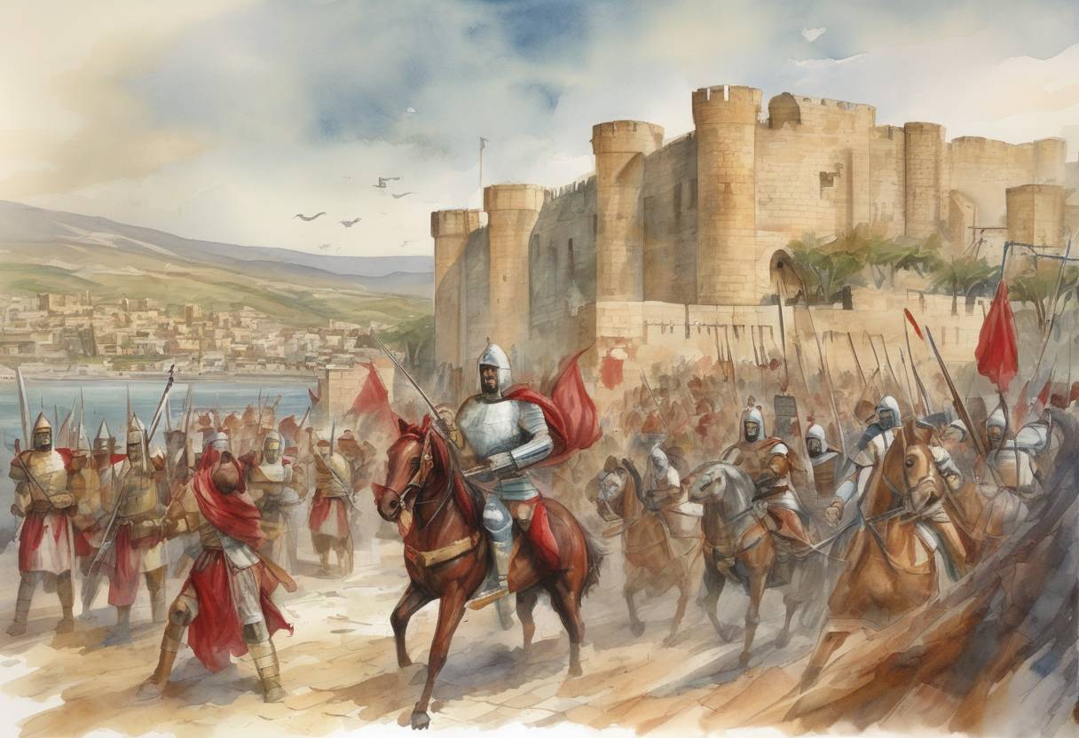 Watercolor painting based depiction of The Crusaders capture Sidon, a city in modern-day Lebanon, during the First Crusade. (1110)