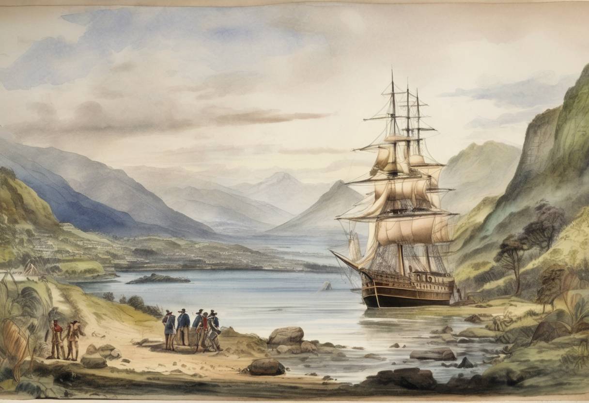 Watercolor painting based depiction of British colonists reach New Zealand, establishing the settlement of Wellington. (1840)