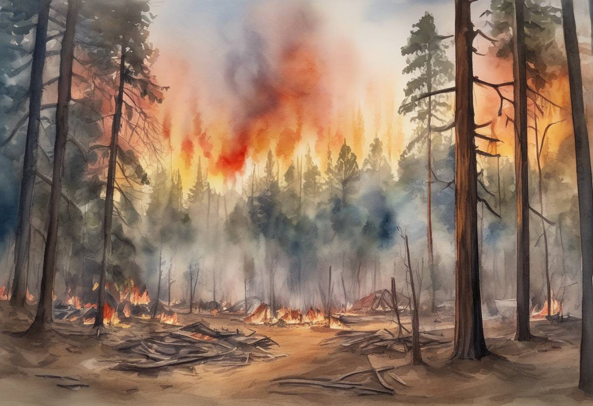 Watercolor painting based depiction of The Camp Fire, the deadliest and most destructive wildfire in California's history, began in Butte County, eventually killing 85 people and destroying thousands of structures. (2018)