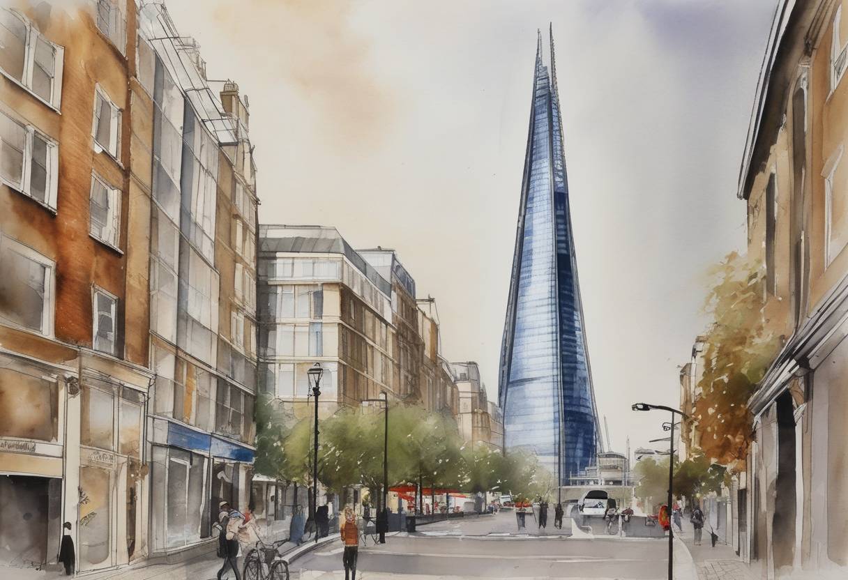 Watercolor painting based depiction of The Shard, the tallest building in the European Union at the time, was officially opened in London, United Kingdom. (2012)