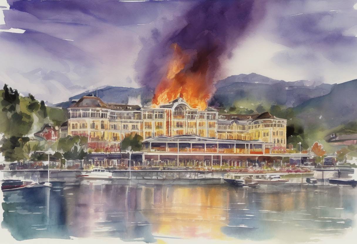 Watercolor painting based depiction of The Montreux Casino in Switzerland catches fire during a Frank Zappa concert, inspiring Deep Purple's song 'Smoke on the Water.' (1971)