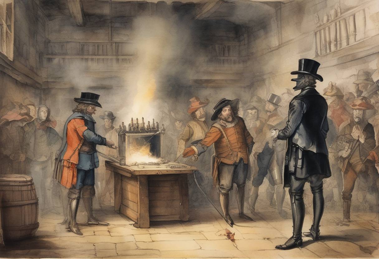 Watercolor painting based depiction of The Gunpowder Plot was foiled when Guy Fawkes was arrested while guarding explosives placed beneath the House of Lords. (1605)