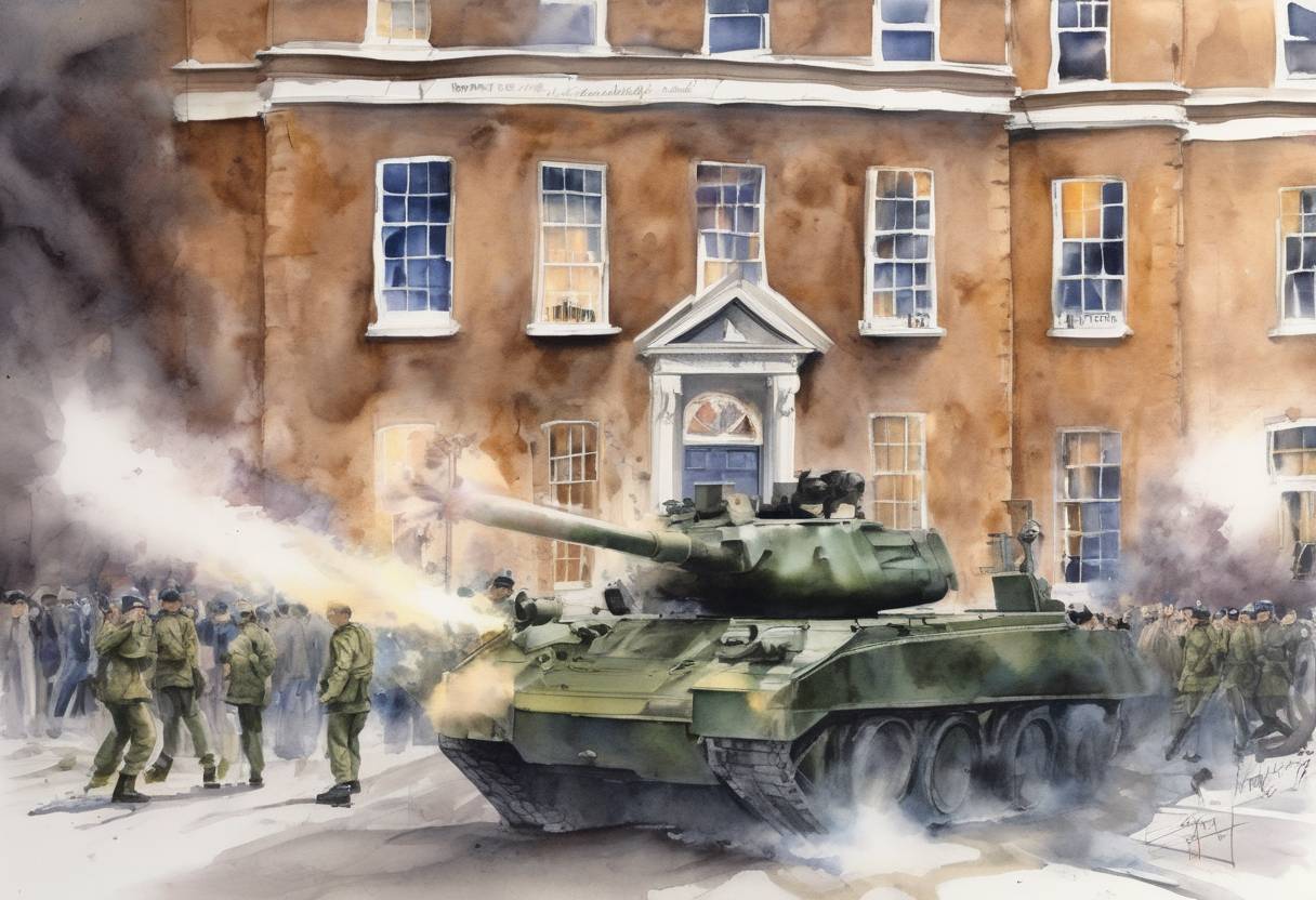 Watercolor painting based depiction of The IRA launches a mortar attack on 10 Downing Street in London, targeting British Prime Minister John Major and his cabinet during a meeting. (1991)