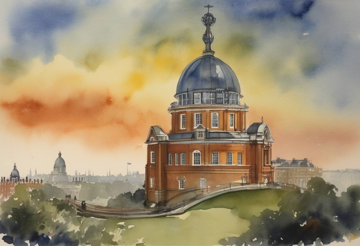 Watercolor painting based depiction of The Royal Greenwich Observatory begins broadcasting the hourly time signals known as the Greenwich Time Signal or the 'BBC pips.' (1924)