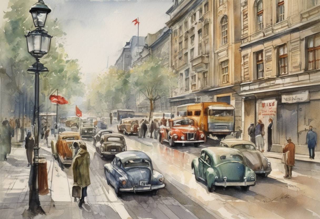 Watercolor painting based depiction of The German Democratic Republic (East Germany) was officially established as a separate state in the Soviet-occupied zone of Germany, with its capital in East Berlin. (1949)
