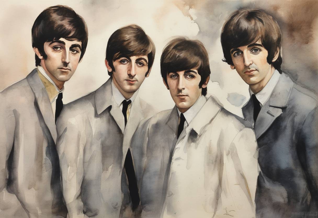 Watercolor painting based depiction of The Beatles released their first single, "Love Me Do," in the United Kingdom, marking the beginning of their rise to fame. (1962)