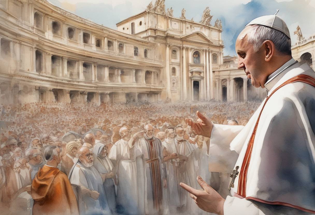 Watercolor painting based depiction of Pope Agatho was elected as the 79th pope of the Roman Catholic Church. His papacy is noted for resolving the Monothelitism controversy, which was a significant theological dispute in the early church. (678)