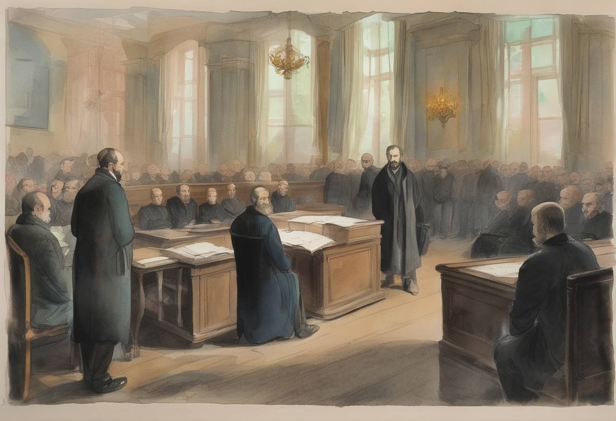 Watercolor painting based depiction of A Russian court sentences writer Fyodor Dostoevsky to death for anti-government activities linked to a radical intellectual group. His sentence is later commuted to a term of exile in Siberia. (1849)