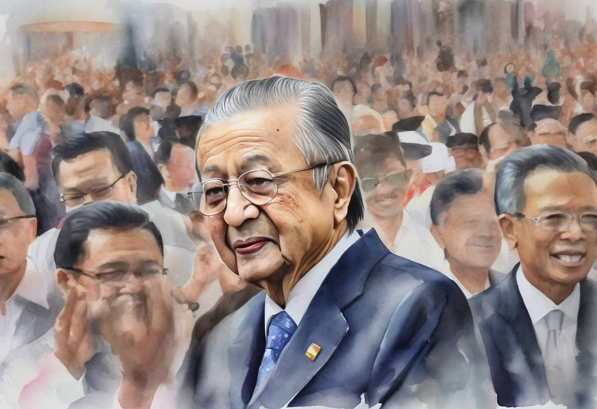 Watercolor painting based depiction of Malaysia's former Prime Minister Mahathir Mohamad was sworn in as the world's oldest elected leader at age 92, after a historic election victory. (2018)