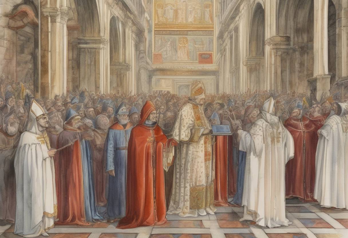Watercolor painting based depiction of Lotario de' Conti di Segni was elected as Pope Innocent III, one of the most influential popes of the Middle Ages, known for his role in the Fourth Crusade and the Albigensian Crusade. (1198)