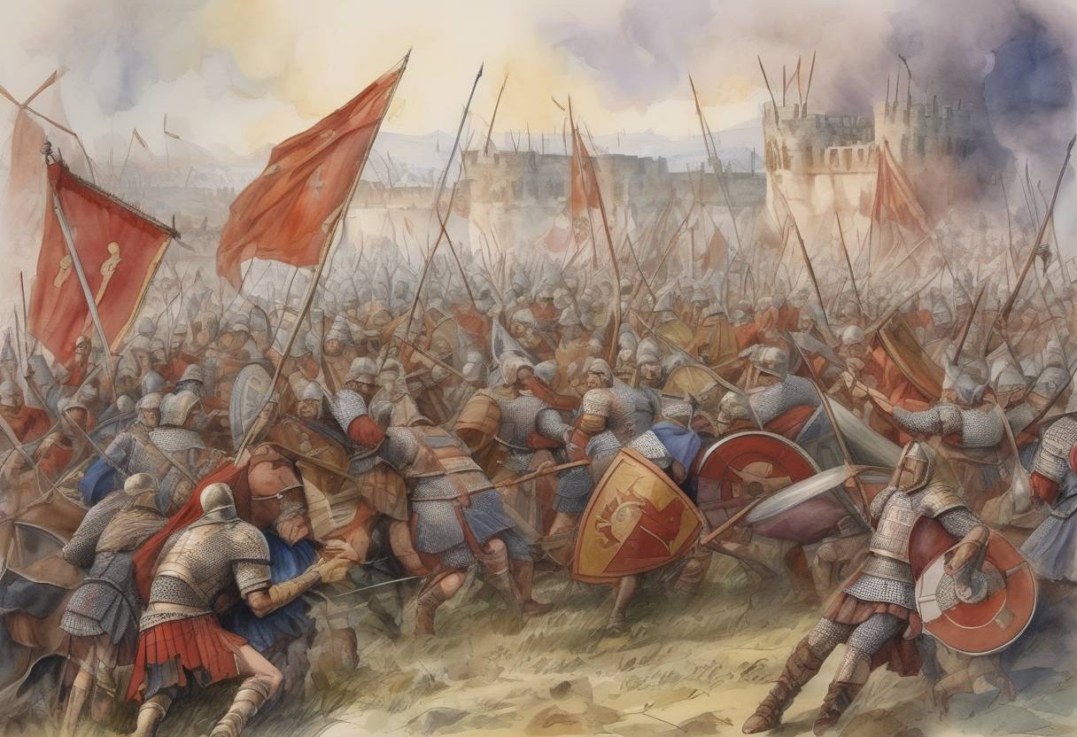 Watercolor painting based depiction of The Battle of Thimeon takes place, where the Frankish army under Charles the Fat defeats the Viking forces. (880)