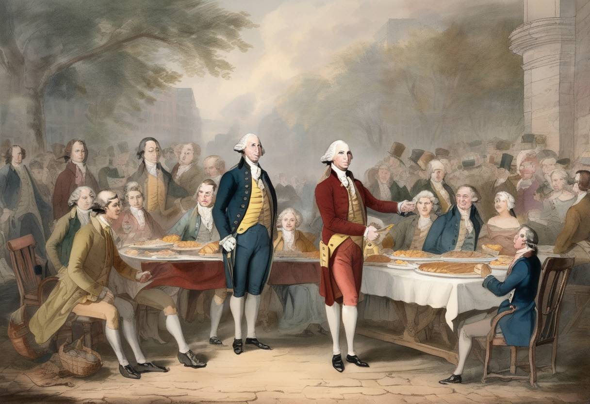 Watercolor painting based depiction of A national Thanksgiving Day is observed in the United States as proclaimed by President George Washington at the request of Congress. (1789)
