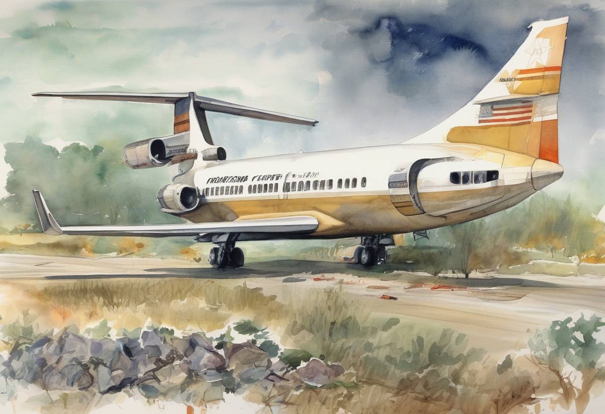 Watercolor painting based depiction of D. B. Cooper hijacks a Boeing 727 aircraft, extorts $200,000 in ransom, and parachutes to an unknown fate. (1971)