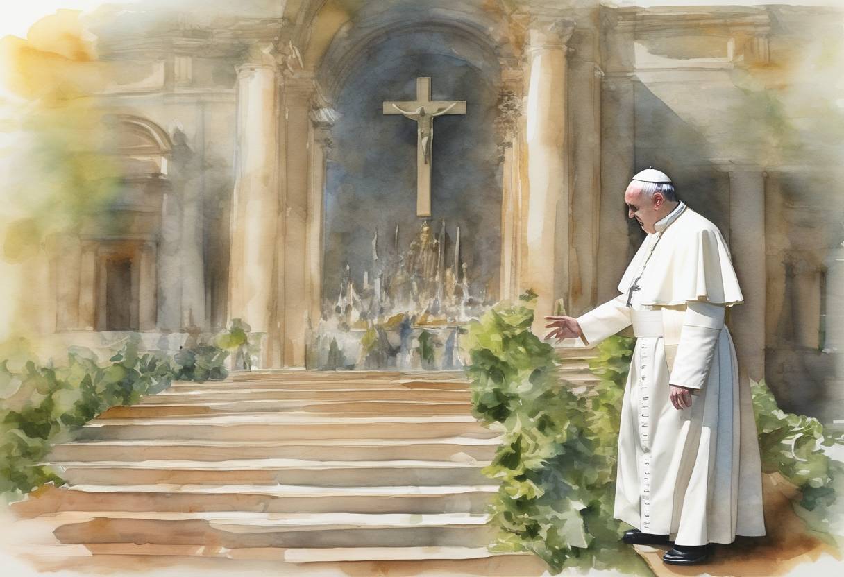 Watercolor painting based depiction of Pope Francis released his second encyclical, 'Laudato si',' which focused on environmental issues and climate change. (2015)