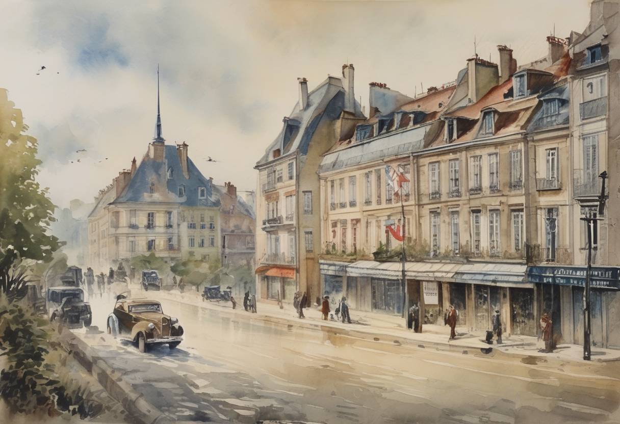 Watercolor painting based depiction of France formally surrendered to Nazi Germany during World War II, leading to the establishment of the Vichy government. (1940)