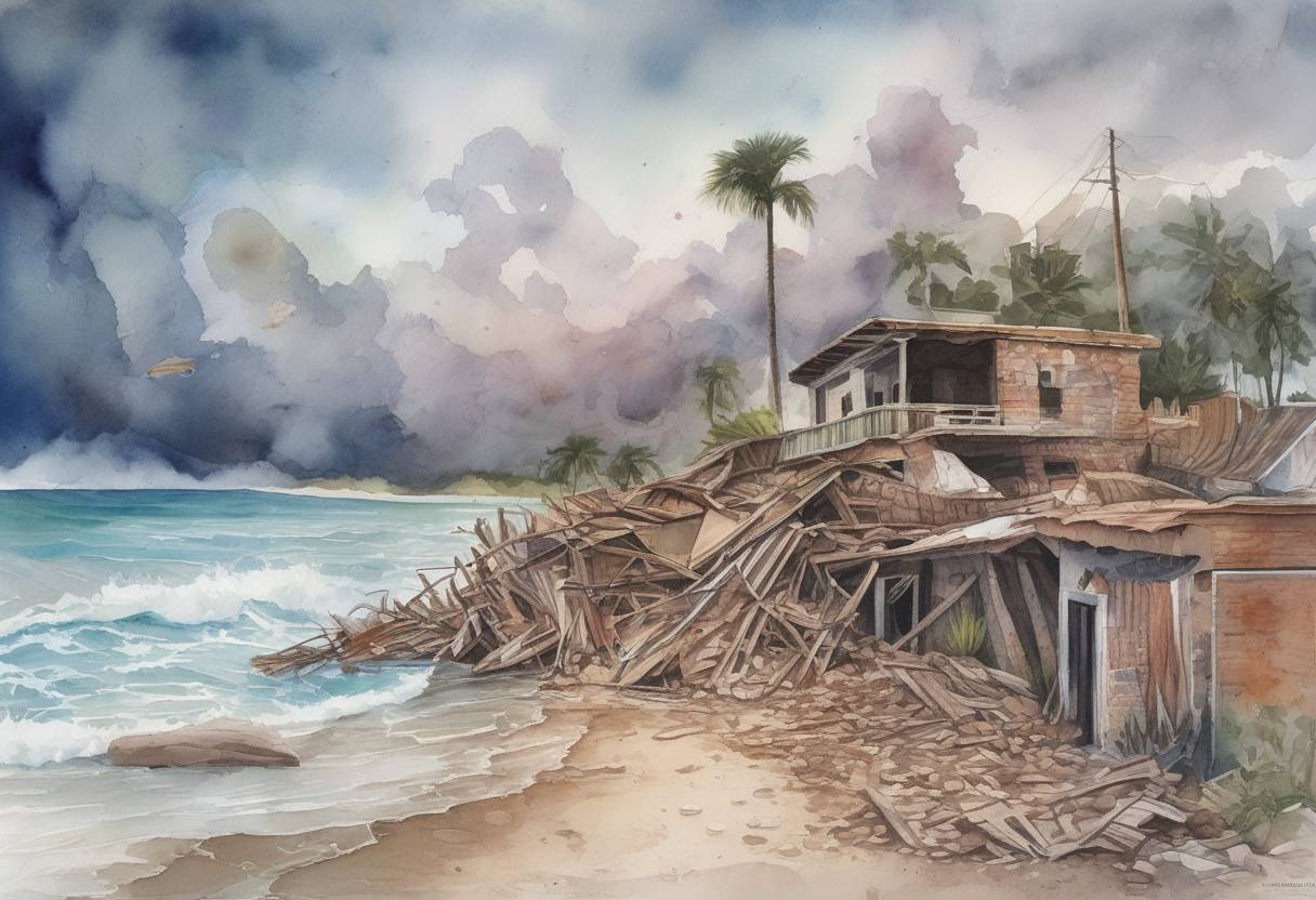 Watercolor painting based depiction of A powerful 8.2 magnitude earthquake strikes off the southern coast of Mexico, the strongest to hit the country in a century, resulting in significant casualties and damage. (2017)