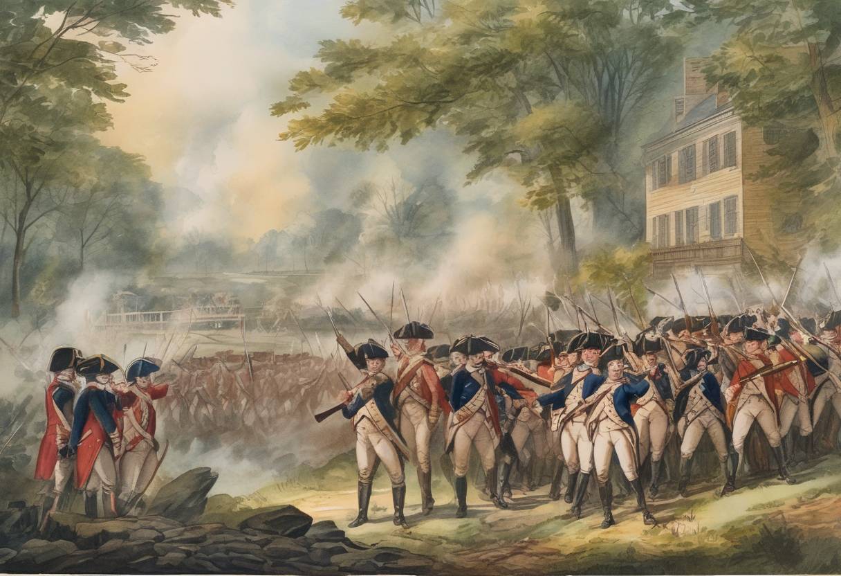 Watercolor painting based depiction of The Battle of Brandywine occurred during the American Revolutionary War, resulting in a British victory. (1777)