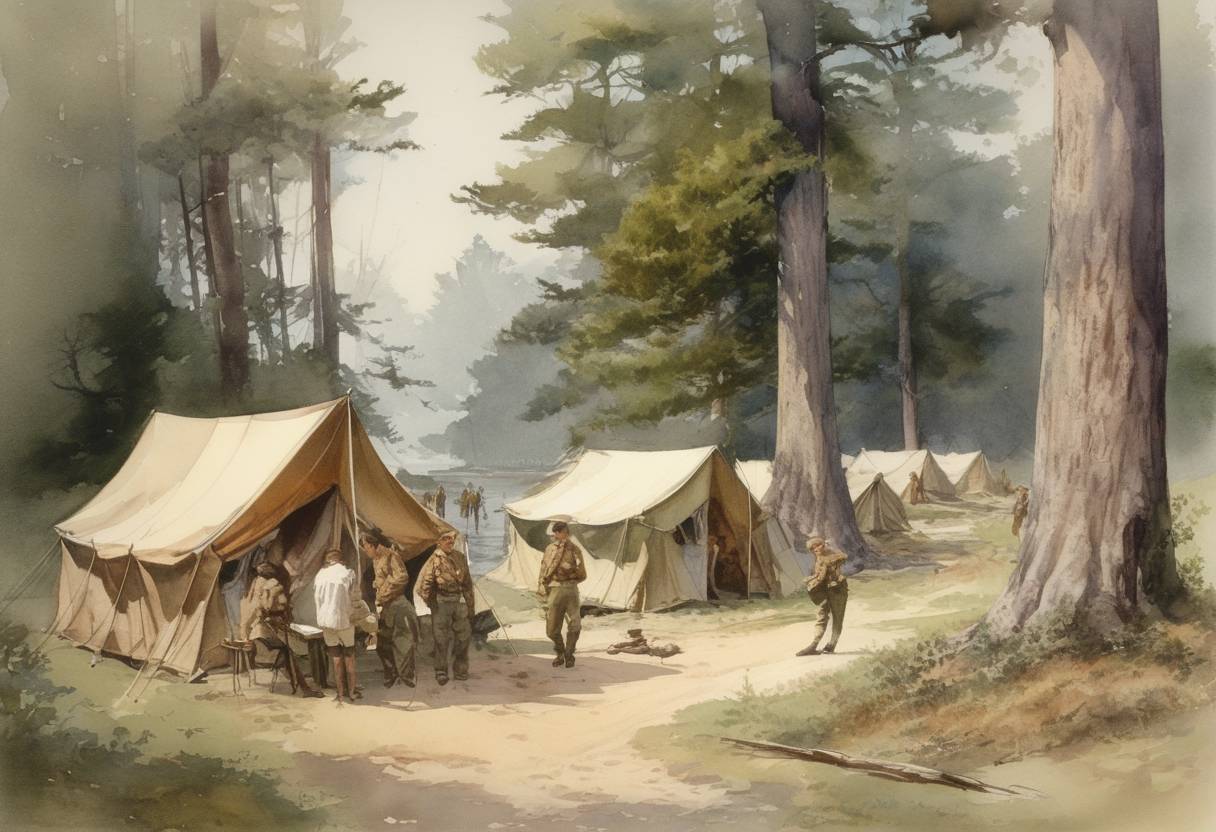 Watercolor painting based depiction of The first official Boy Scout camp ends on Brownsea Island in England. (1906)
