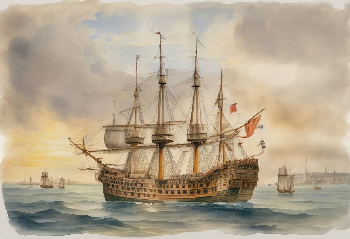Watercolor painting based depiction of The Mayflower departed from Southampton, England, on its first attempt to reach North America. (1620)