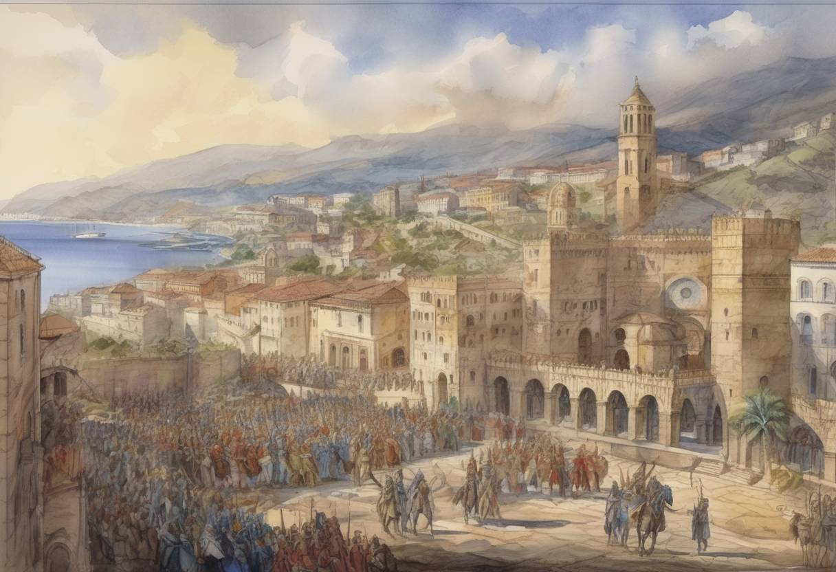 Watercolor painting based depiction of The Sicilian city of Messina surrenders to the forces of Charles of Anjou, marking a significant moment in the War of the Sicilian Vespers. (1282)