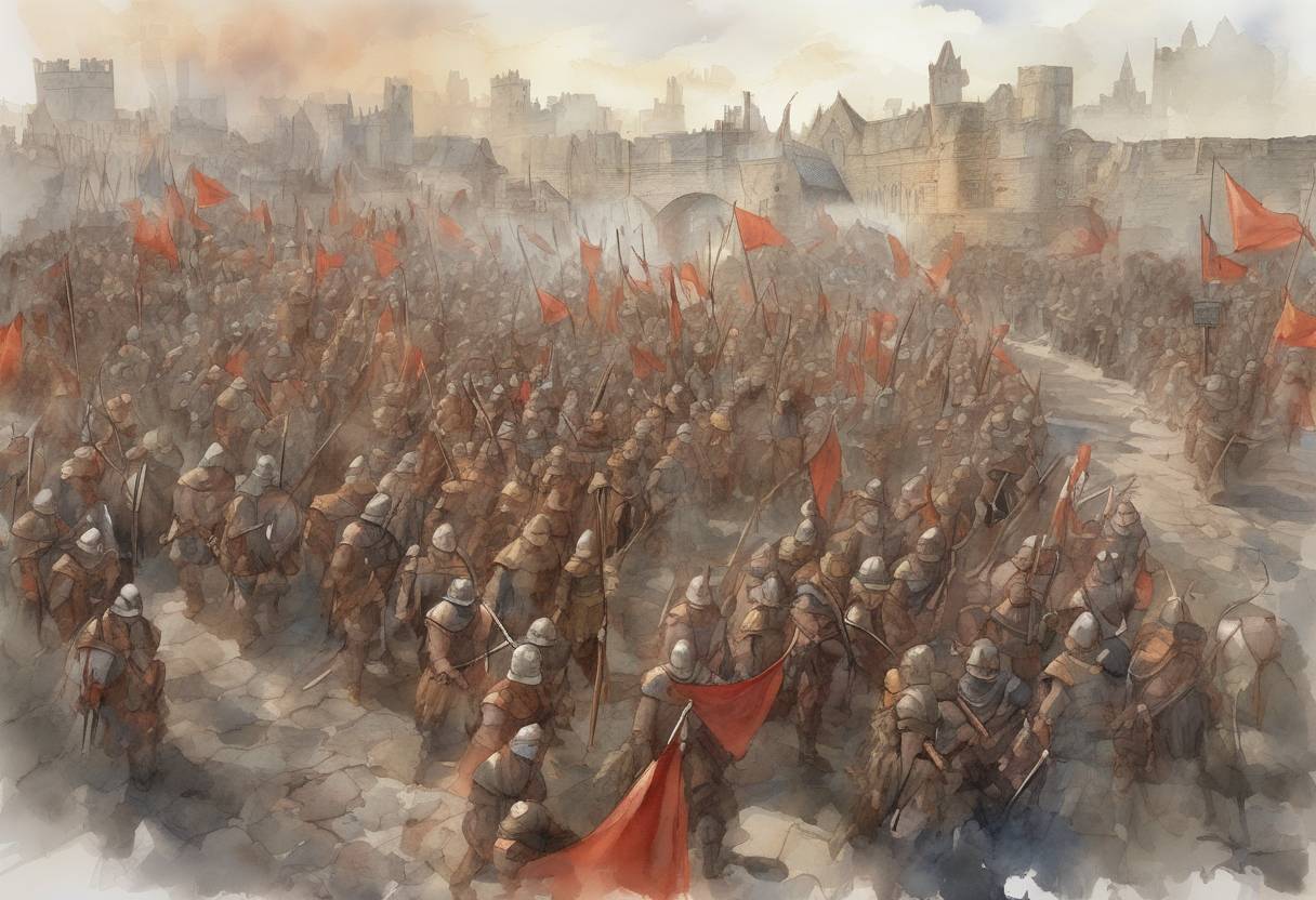 Watercolor painting based depiction of The Viking Great Heathen Army, led by Ivar the Boneless, captures the city of York, establishing a stronghold in Northumbria. (866)
