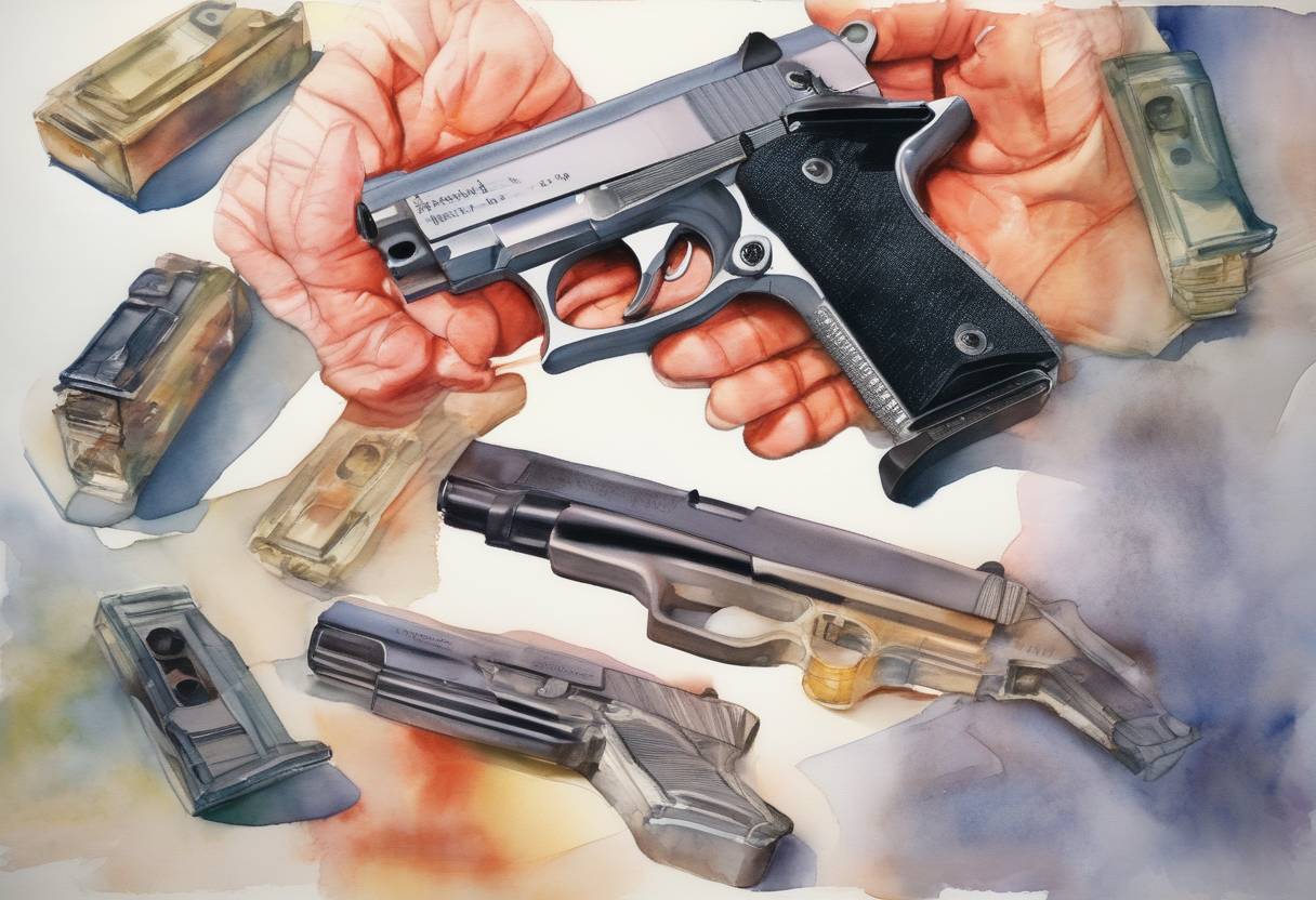 Watercolor painting based depiction of The Brady Handgun Violence Prevention Act was signed into law by U.S. President Bill Clinton, instituting federal background checks on firearm purchasers in the United States. (1993)
