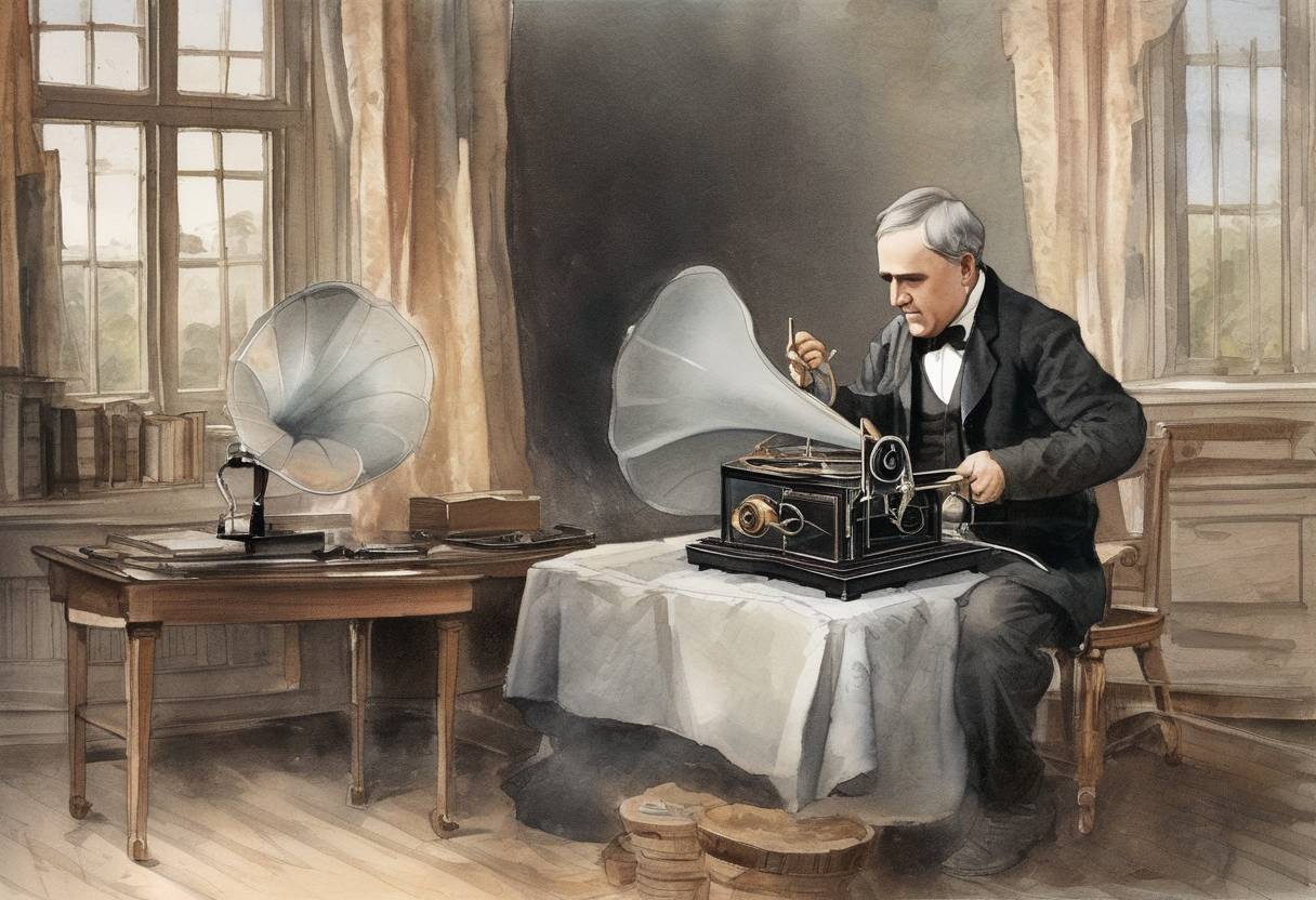 Watercolor painting based depiction of Thomas Edison demonstrated his phonograph for the first time. (1877)