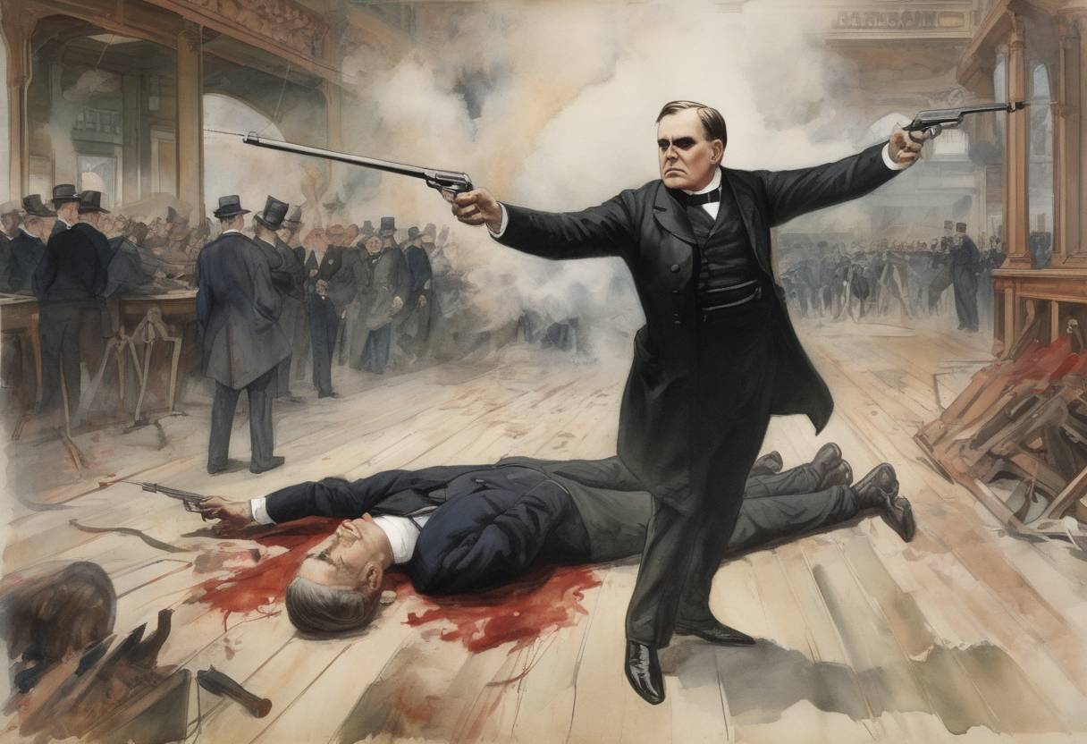 Watercolor painting based depiction of U.S. President William McKinley is shot by anarchist Leon Czolgosz at the Pan-American Exposition in Buffalo, New York. He dies eight days later. (1901)
