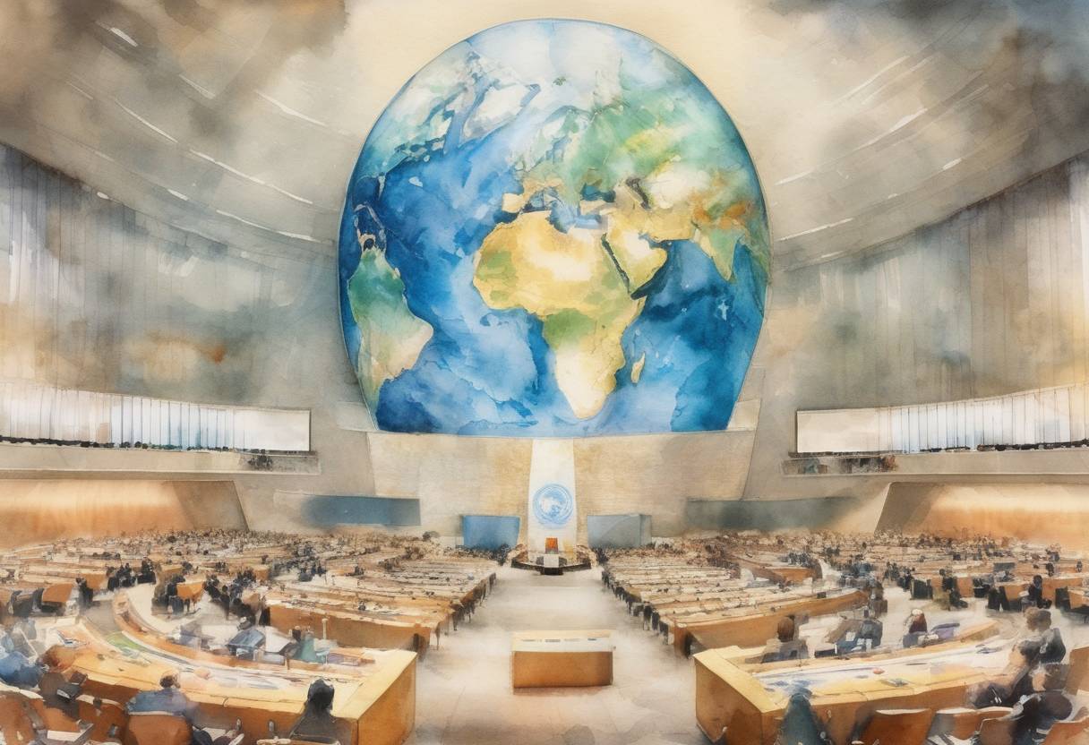 Watercolor painting based depiction of The United Nations General Assembly adopts the 2030 Agenda for Sustainable Development, including the Sustainable Development Goals (SDGs). (2015)
