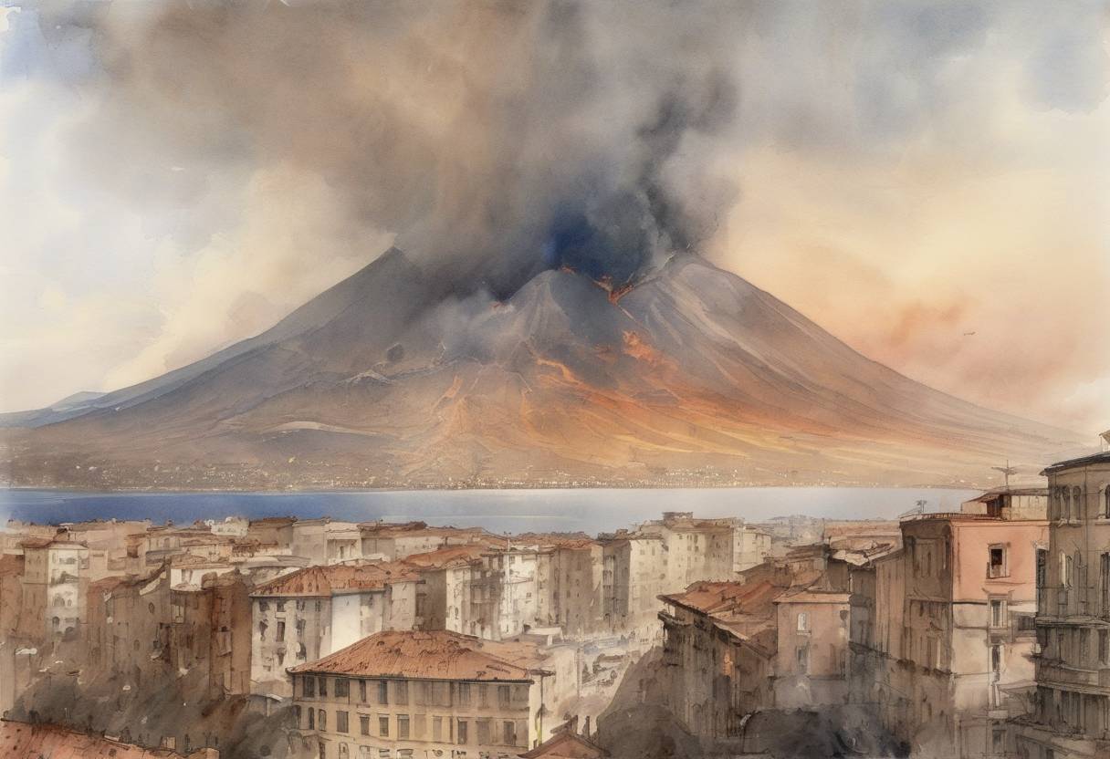 Watercolor painting based depiction of Mount Vesuvius erupts and devastates Naples, Italy. (1906)