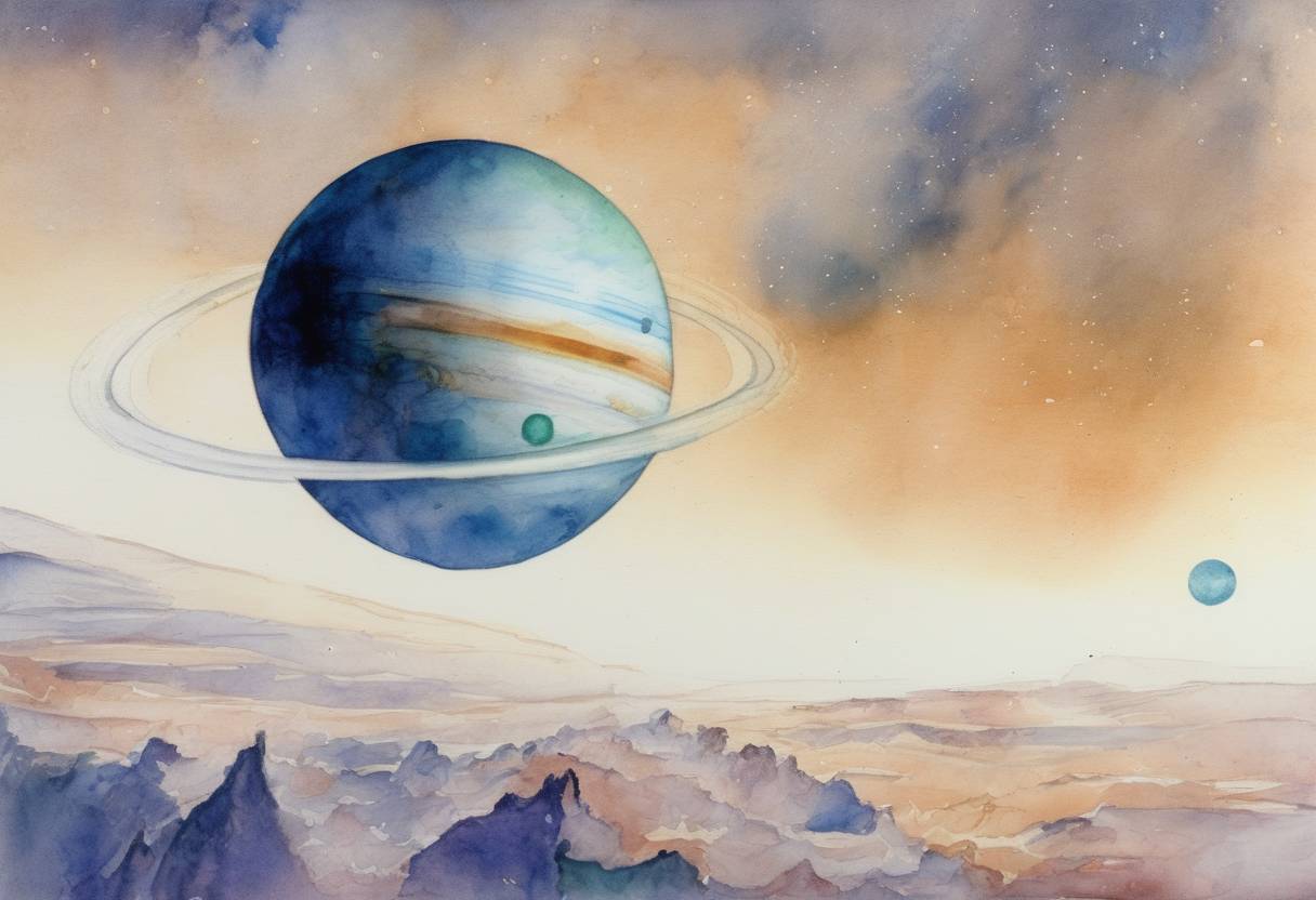 Watercolor painting based depiction of The Voyager 2 spacecraft made its closest approach to Neptune, providing humanity with its first detailed images of the planet. (1989)