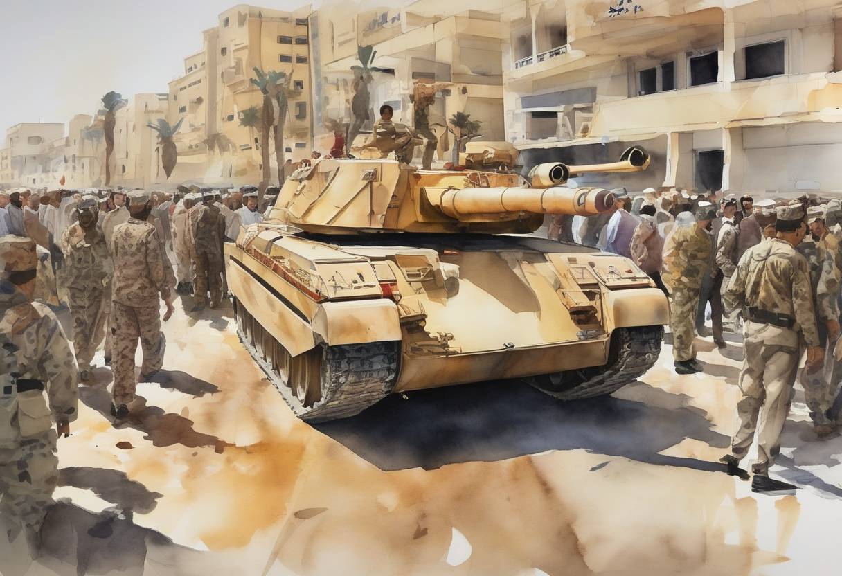 Watercolor painting based depiction of Libya's National Transitional Council declared the liberation of Libya, following the death of Muammar Gaddafi. This marked the end of the Libyan Civil War and the fall of Gaddafi's regime. (2011)