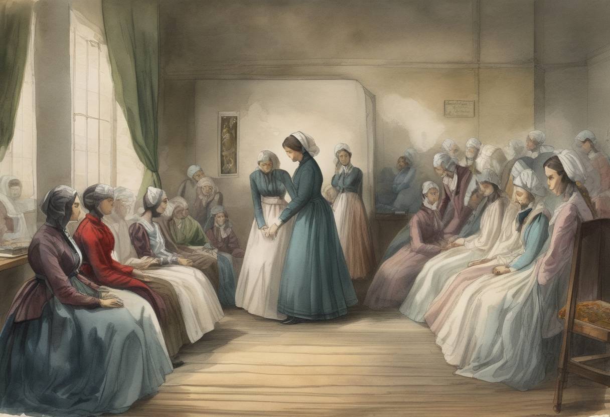 Watercolor painting based depiction of Florence Nightingale and a staff of 38 nurses are sent to the Crimean War. (1854)