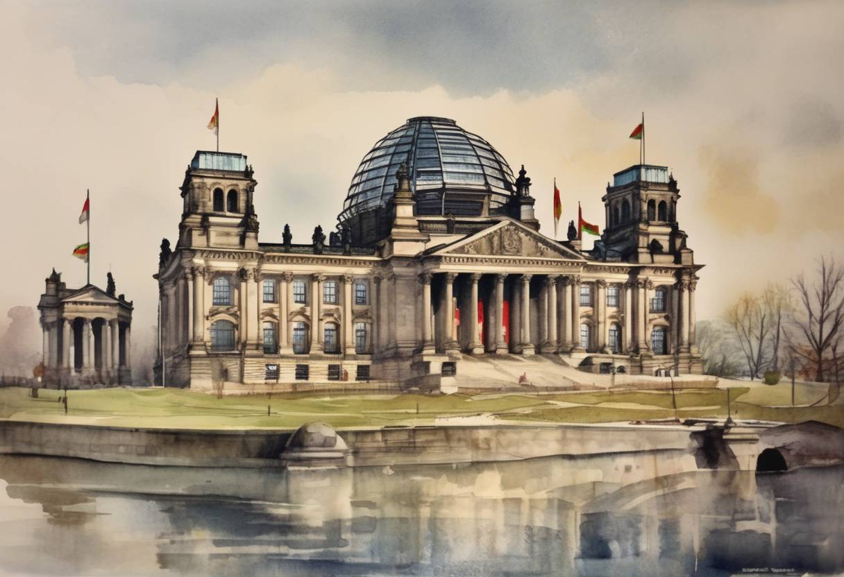 Watercolor painting based depiction of The Reichstag passed the Enabling Act, giving Adolf Hitler dictatorial powers in Germany. (1933)
