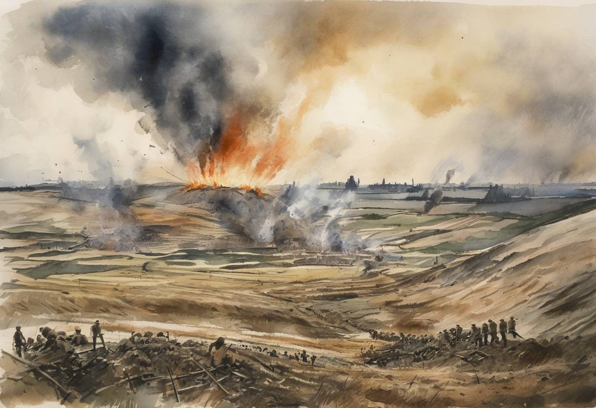 Watercolor painting based depiction of The Battle of Messines began during World War I, with the detonation of 19 mines under the German lines, resulting in a significant Allied victory. (1917)