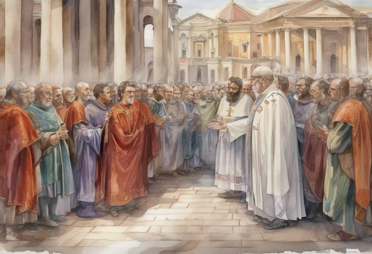 Watercolor painting based depiction of The Synodus Palmaris, a synod of bishops, is convened in Rome to address the schism caused by the excommunication of Pope Symmachus, reflecting the complexities of early Church politics. (502)