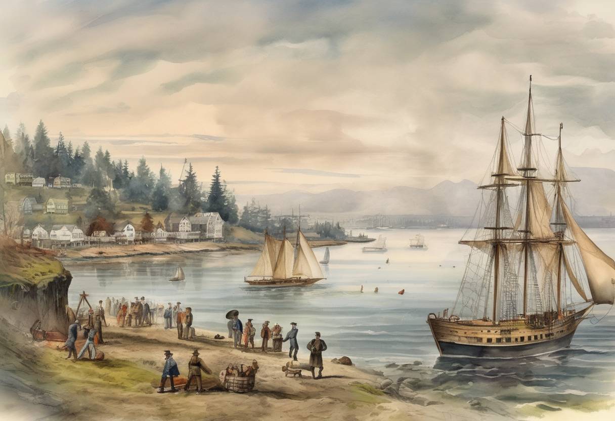 Watercolor painting based depiction of The Denny Party lands at Alki Point, the first settlers of what would become Seattle, Washington. (1851)