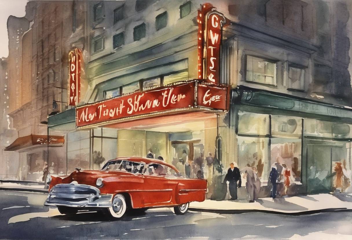 Watercolor painting based depiction of The Tonight Show debuts on NBC, hosted by Steve Allen, becoming a staple of American late-night television. (1954)